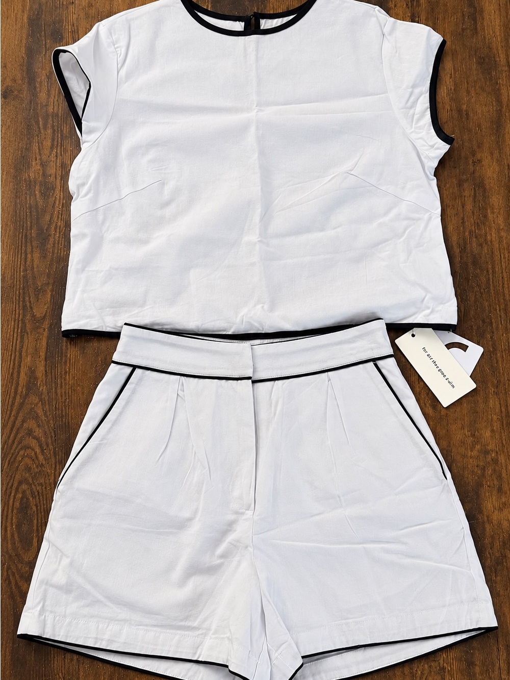 Two-Piece White Cropped Top & High-Waist Shorts with Black Trim
